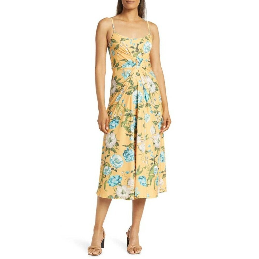 Rachel Rachel Roy Womens Elin Floral Twist Midi‎ Dress In Yellow Floral Sz Large